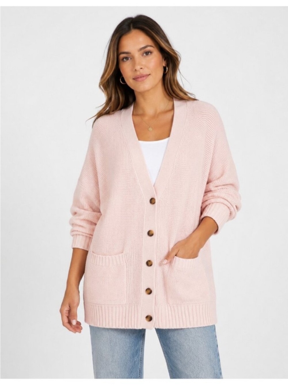 KBB NWOT L Relaxed Pink waffle knit Cardigan BUTTON DOWN OVERSIZED COMFY Sweater